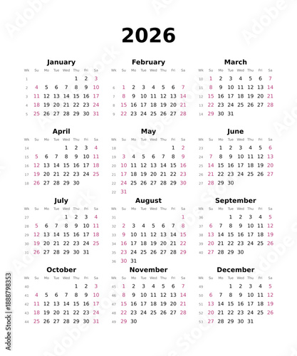 Kalender 2026 mit Wochenzählung, englisch, erster Wochentag ist Sonntag, Hochformat	