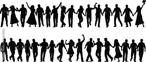 Large crowd of people dancing and holding hands in silhouette, set of party celebration icons, birthday event vector illustration isolated on white background (24 words)
