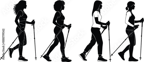 Silhouettes of diverse women practicing Nordic walking with poles, active female hikers exercising outdoors, healthy lifestyle and fitness concept, isolated vector illustration.