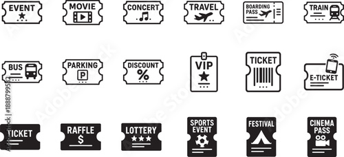 Ticket outline icon set with event, cinema and travel admission symbols in clean vector line style.