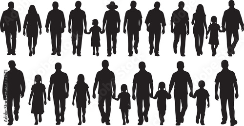 Silhouettes of happy families walking together in black and white