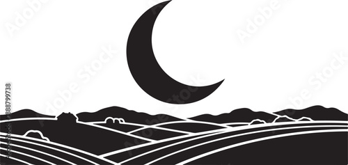 Black and white landscape with crescent moon and hills