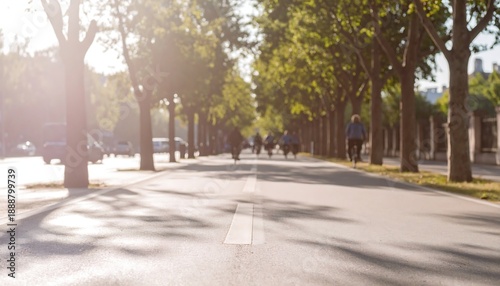 Cyclists enjoying a leisurely ride on a sunlit street urban environment outdoor scene perspective view