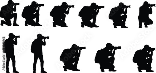 Large set of professional photographer silhouettes in various poses, featuring cameramen with backpacks, telephoto lenses, and kneeling positions for media and journalism vector design