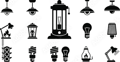 Lighting, lamp, icons, set, vector, illustration, silhouettes, light, bulb, lantern, desk, lamp, chandelier, traffic, light, electricity, energy, interior, equipment, isolated, objects, collection,