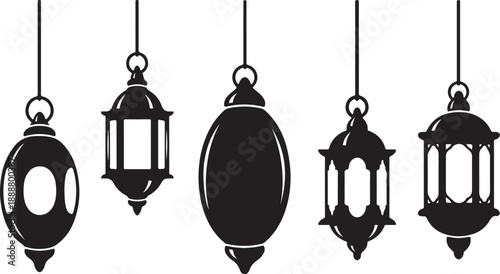 Black Lanterns Hanging in a Row Isolated on White