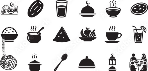 Food and Iftar icon set with meal, drink and Ramadan dining symbols in clean outline vector style.