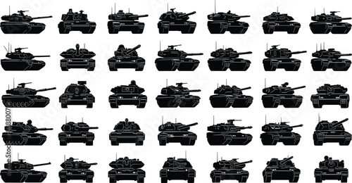 Military tank silhouettes set, armored vehicle vector icons, heavy artillery and battle machines, army warfare equipment, isolated black combat transport illustration elements,