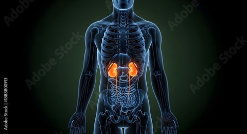 A detailed illustration of the human body highlighting the kidneys and internal organs