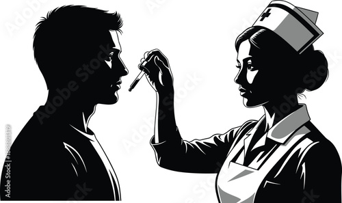 NURSE ADMINISTERING NASAL DROPS TO PATIENT WITH DROPPER, MEDICAL TREATMENT ILLUSTRATION, HEALTHCARE WORKER ASSISTING SICK MAN, CLINICAL CARE VECTOR ART FOR ADOBE STOCK, BLACK WHITE