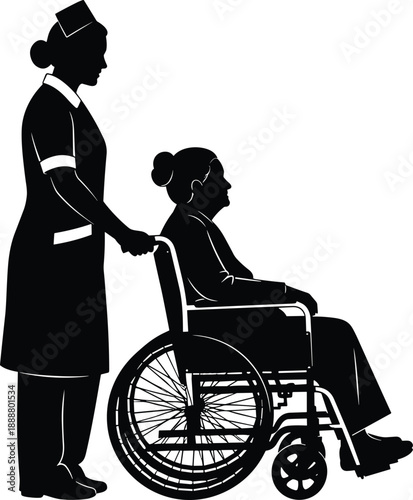 Nurse assisting elderly patient in wheelchair silhouette vector illustration, healthcare caregiving support 