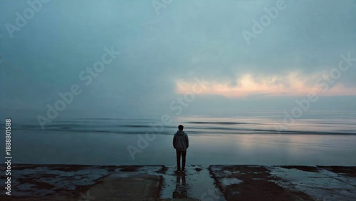 Person standing quietly by the sea at dawn with calm horizon and peaceful mood