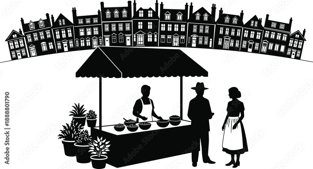Naklejka premium Outdoor street market stall vector illustration, black silhouette of people buying food, old town houses background, local marketplace scene, village fair, commerce,