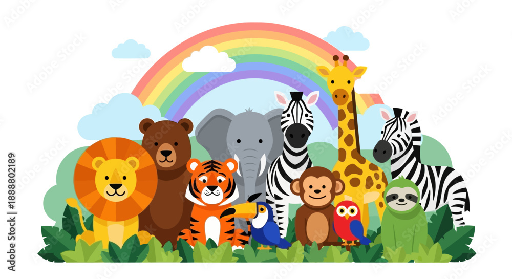 Fototapeta premium Colorful cartoon animals and rainbow in a vibrant scene.