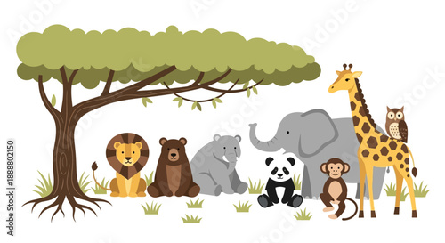 Colorful cartoon animals gathered under a tree in a vibrant savannah scene.