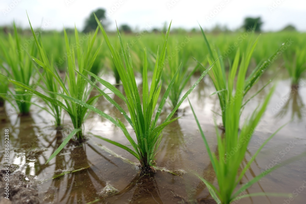 Obraz premium Lush Green Rice Fields Under Overcast Sky Just Before Incoming Rain