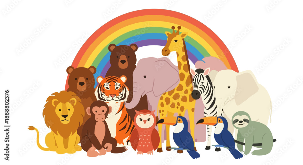 Fototapeta premium Colorful cartoon animals gathered around a vibrant rainbow.