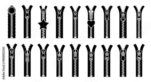 Collection of various zipper designs and styles in black and white.