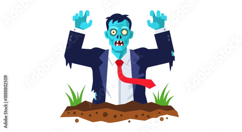 Zombie rising from the grave in a business suit and red tie.