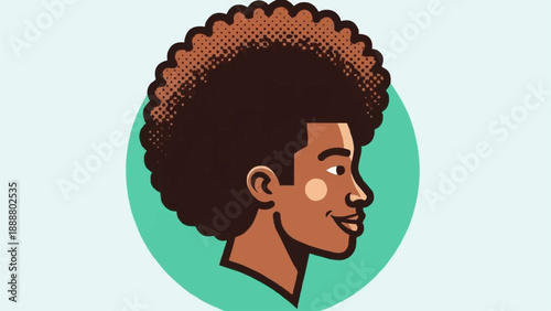 Stylized portrait of a smiling Black man with an afro hairstyle.