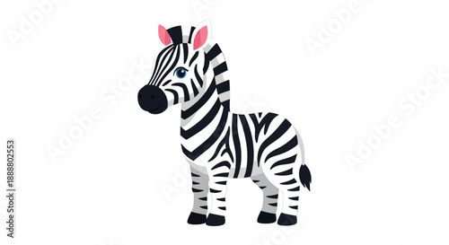 Cartoon zebra with black and white stripes standing on white background.