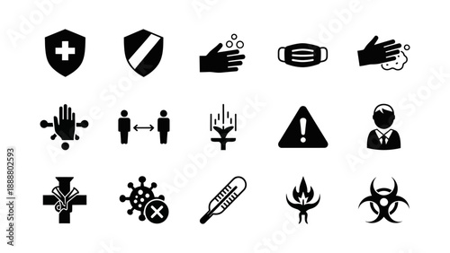 Collection of diverse icons representing health, safety, and protection measures against viruses and infections, emphasizing hygiene and prevention