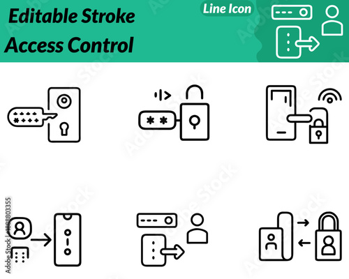 A clean and modern vector character icon symbolizing access control and authorization. It features a door shield panel-shaped character with a lock key keypad fingerprint ID card symbol representing.
