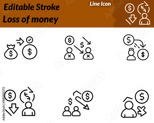 Loss of money icon. Facial expression and body language convey concern or impact without being dramatic. Designed in a flat cartoon style with smooth lines and balanced shapes using colors like red.