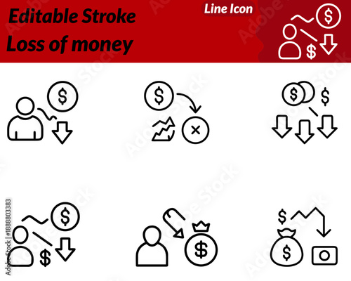 Loss of money icon. Facial expression and body language convey concern or impact without being dramatic. Designed in a flat cartoon style with smooth lines and balanced shapes using colors like red.