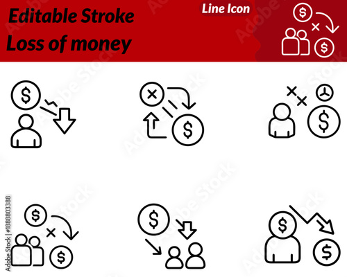 A modern vector character icon illustrating financial loss or decreased funds. The icon shows a concerned character near falling coins a broken piggy bank empty wallet a downward arrow clearly.