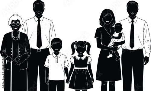Family silhouette vector, multigenerational family portrait, parents children grandparents baby, black white illustration, happy family concept, isolated background, studio composition