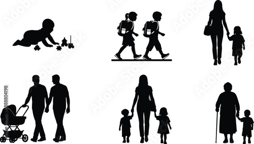 Family, life, stages, silhouette, set, parents, children, baby, school, walking, together, love, care, growth, generation, relationship, bonding, parenting, lifestyle, concept