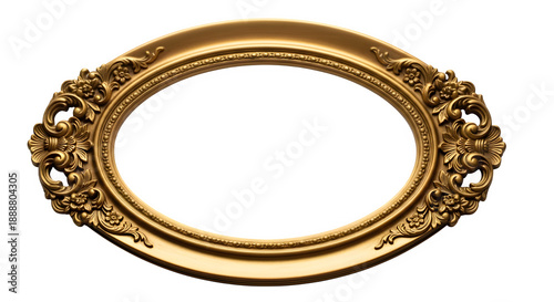Golden ornate circular frame isolated on transparent background
