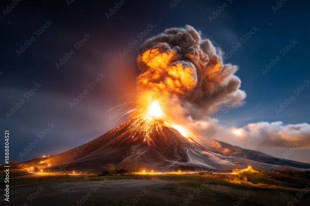 Fototapeta premium Erupting Volcano at Night Showcasing Raw Natural Power in Dramatic Scene