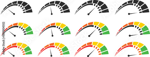 Dashboard speedometer icons set. Tachometer icon isolated. Performance indicator sign. Car speed. Fast internet speed sign. Stock flat vector elements.