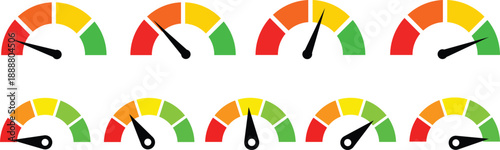 Dashboard speedometer icons set. Tachometer icon isolated. Performance indicator sign. Car speed. Fast internet speed sign. Stock flat vector elements.