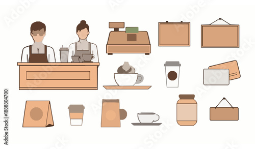 Coffee shop service and barista icons editable stroke vector illustration set