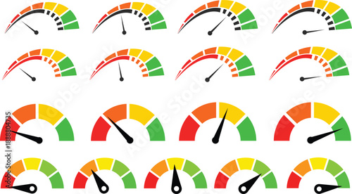 Dashboard speedometer icons set. Tachometer icon isolated. Performance indicator sign. Car speed. Fast internet speed sign. Stock flat vector elements.