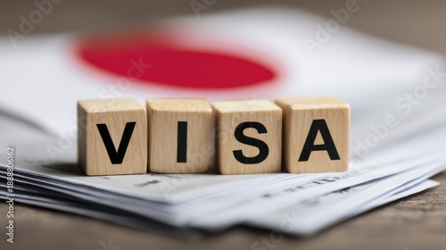 Visa application documents and wooden blocks spelling out visa on a desk with Japanese flag background