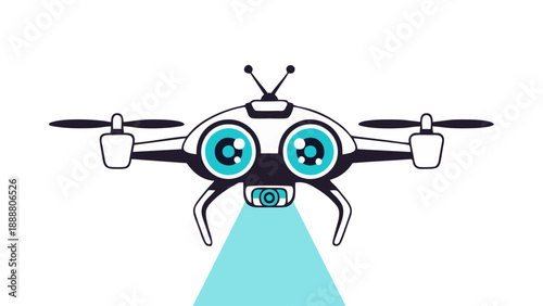 Cute Cartoon Drone Character with Big Eyes Flying and Scanning for Tech Concepts