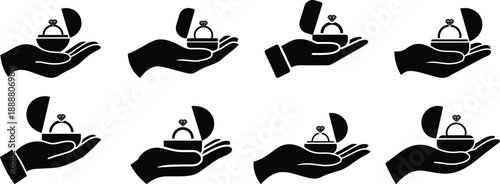 Hand holding an open ring box silhouette collection, Marriage Proposal or love concept  vector art.