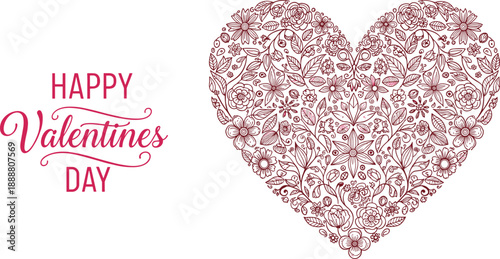 Happy Valentine’s Day greeting with detailed floral heart illustration, elegant line art ornament and romantic typography on white background