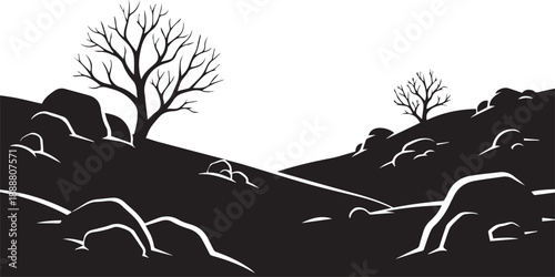 Barren landscape silhouette illustration with bare trees and rocks vector