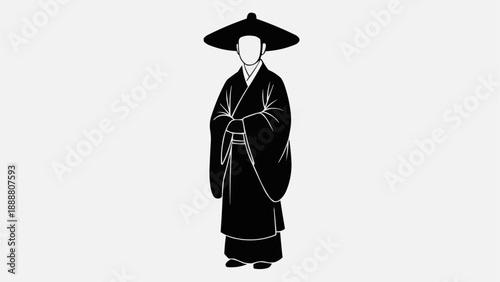 Traditional Asian man wearing a conical hat and robe silhouette.
