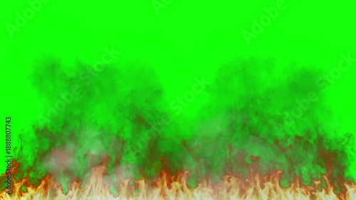 Realistic vibrant orange and yellow flames with thick dark smoke rising intensely across the bottom edge against a bright green screen background for visual effects.