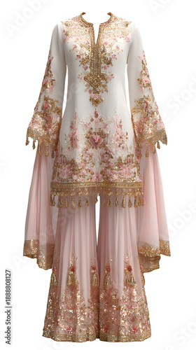 Elaborate Embroidered and Sequined Indian Pakistani Style Gharara Dress Garment