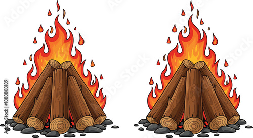 Cartoon campfire illustration with burning wood logs and bright flames, cozy outdoor camping bonfire design for survival, nature, adventure, and night campsite scenes