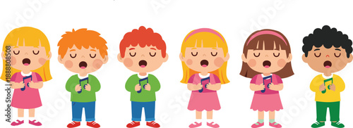 Cute cartoon children singing together with music notes, diverse boys and girls choir illustration, preschool education concept, flat vector style for learning and performance