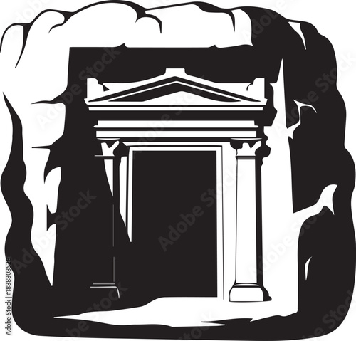 Ancient tomb entrance with stone pillars framed by dark cave entrance vector