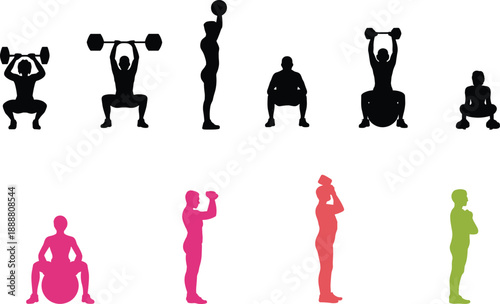 Silhouettes and colorful figures performing squats, lifts, and strength exercises, showcasing diverse fitness techniques, gym workouts, and training postures for health and wellness content.
